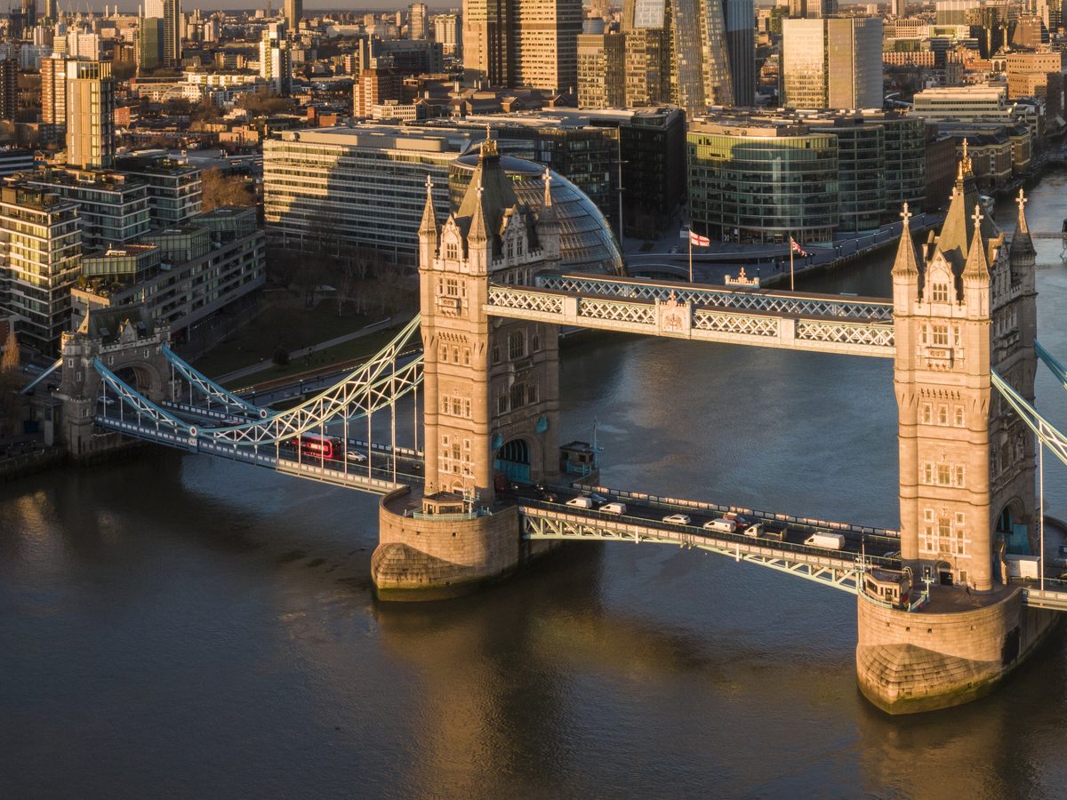 Tower Bridge over the Thames, seen from above, at the London end of the London to Nice empty leg route