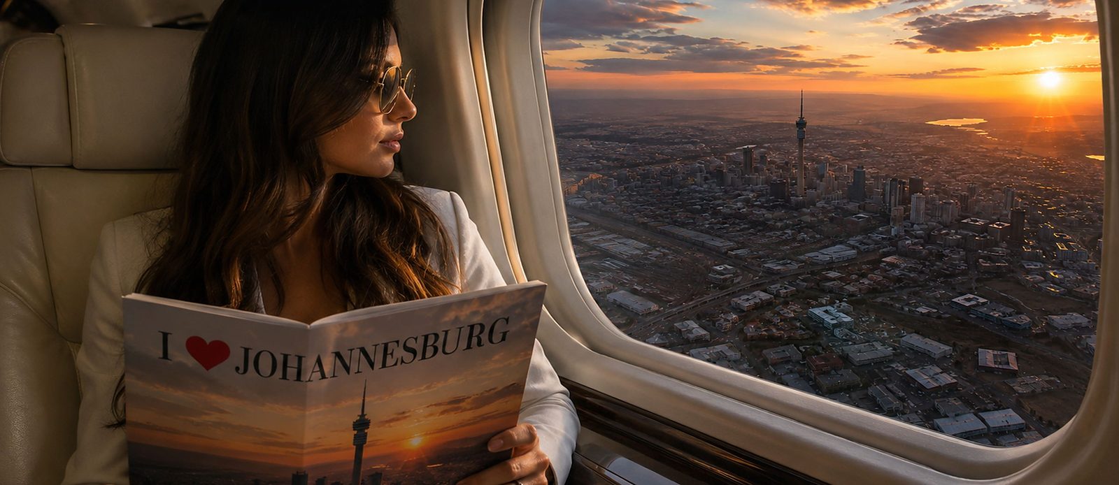 Johannesburg at sunset with the Hillbrow Tower on the skyline, on the Maun to Johannesburg empty leg route