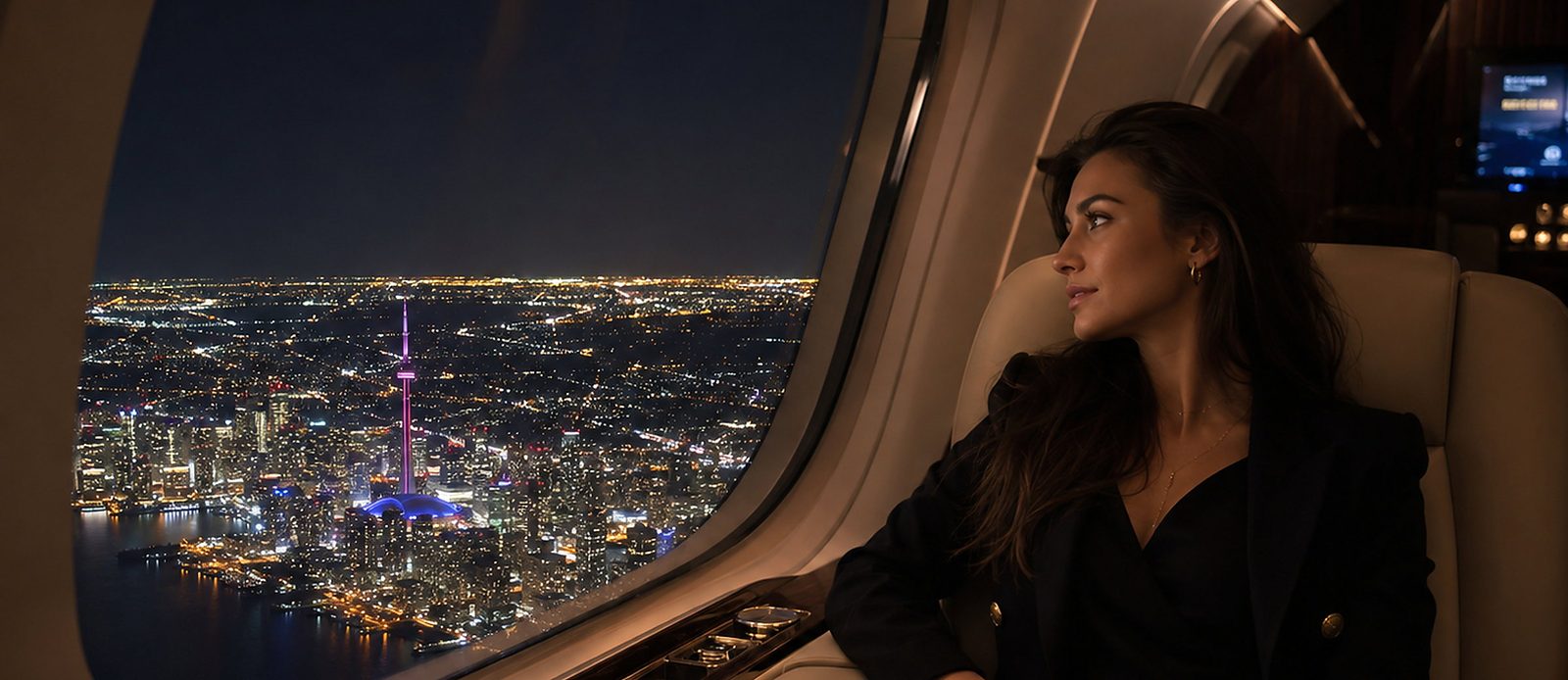 downtown Toronto and the CN Tower at night, on the Montreal to Toronto empty leg route